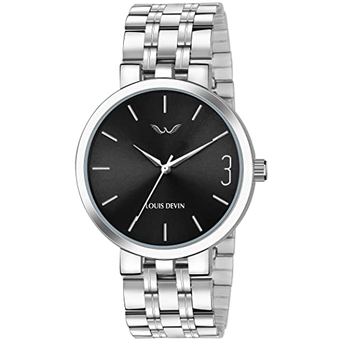 LOUIS DEVIN Stainless Steel Chain Analog Wrist Watch For Men G051-Blk-Ch, Black Dial, Silver Band - Image 1
