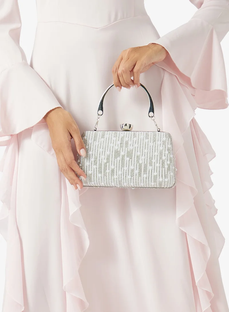 Beaded Diamond Embellished Detailed Clutch Silver