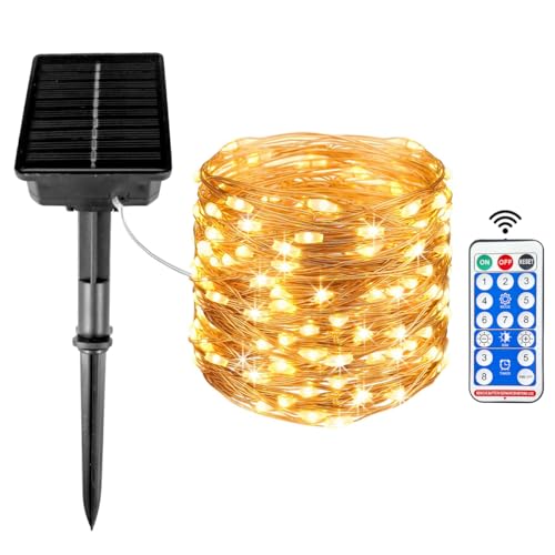 Epyz Solar String Lights Outdoor with Remote Control Fairy Lights Waterproof 8 Modes with 1000mAh Battery Solar Garden Light [12m, 100led, Warm Yellow ] - Image 1