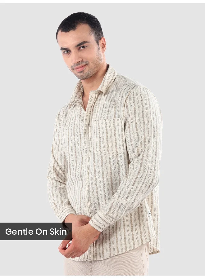 Beyoung Beige Busy Stripe Cotton Shirt