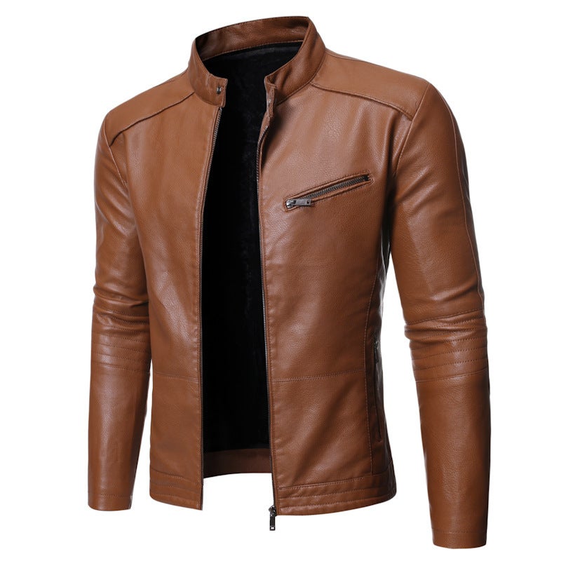 2021 Fall/Winter New Men'S Slim Fit Motorcycle Jacket Stand Collar Simple Personality Men'S Washed Men'S Leather Jacket - Image 5