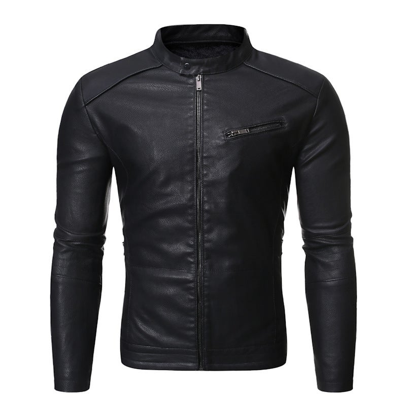 2021 Fall/Winter New Men'S Slim Fit Motorcycle Jacket Stand Collar Simple Personality Men'S Washed Men'S Leather Jacket - Image 3