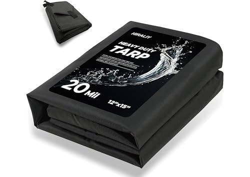 HIRALIY 20 Mil Heavy Duty Waterproof Tarp 12x15ft Black Tarpaulin with Reinforced Webbing Loops Multipurpose Oxford Canvas Tarp for Firewood Roof Camping Pool