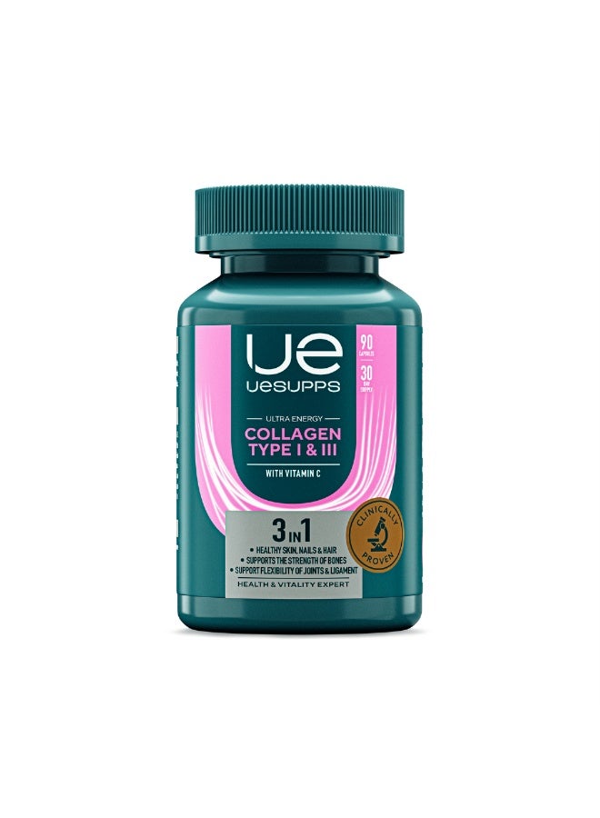 UESUPPS مكمل كولاجين نوع I و III من UESUPPS | صيغة الطاقة الفائقة مع ببتيدات كولاجين فيريسول® وفيتامين C لتغذية البشرة والشعر والأظافر والأنسجة الضامة | كبسولات دعم الجمال اليومية | 90 كبسولة - Image 1