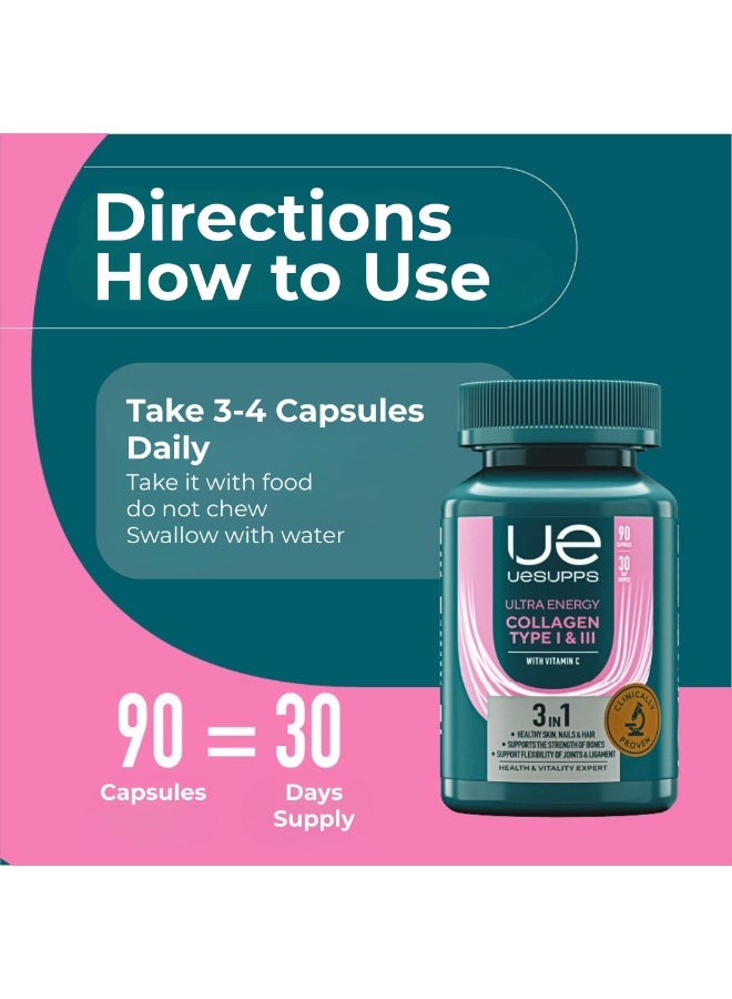 UESUPPS مكمل كولاجين نوع I و III من UESUPPS | صيغة الطاقة الفائقة مع ببتيدات كولاجين فيريسول® وفيتامين C لتغذية البشرة والشعر والأظافر والأنسجة الضامة | كبسولات دعم الجمال اليومية | 90 كبسولة - Image 4