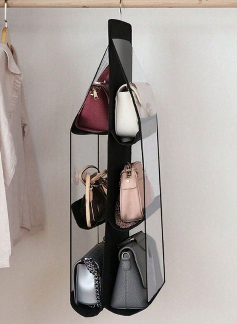 Black Hanging Handbag Organizer with Transparent Compartments - Space-Saving and Stylish Storage Solution (6 Slots) - Image 1