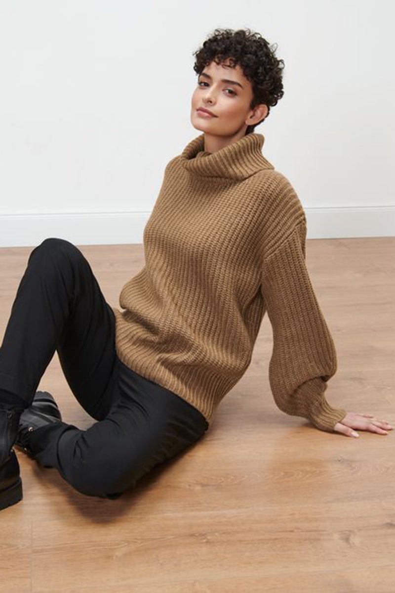 Tchibo Women Turtle Neck Textured Sweater, Tan - Image 1