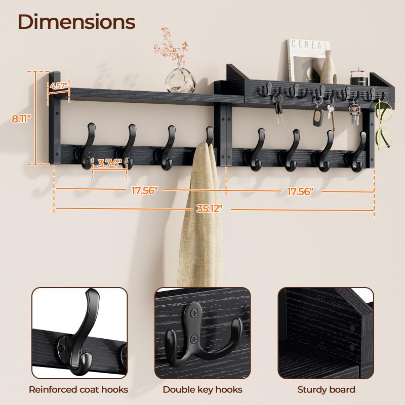Evermagin 35" Coat Rack Wall Mount with Shelf, 4 in 1 Coat and Key Hanger with 13 Metal Hooks, Entryway Wall Mounted Shelf with Mail Holder for Living Room, Bedroom, Black - Image 2