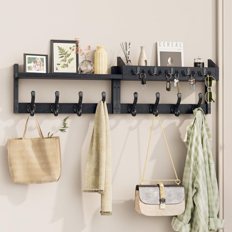 Evermagin 35" Coat Rack Wall Mount with Shelf, 4 in 1 Coat and Key Hanger with 13 Metal Hooks, Entryway Wall Mounted Shelf with Mail Holder for Living Room, Bedroom, Black - Image 1
