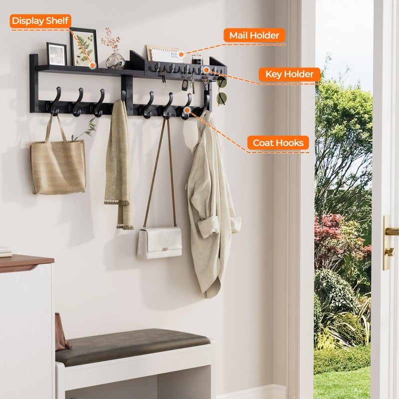 Evermagin 35" Coat Rack Wall Mount with Shelf, 4 in 1 Coat and Key Hanger with 13 Metal Hooks, Entryway Wall Mounted Shelf with Mail Holder for Living Room, Bedroom, Black - Image 5