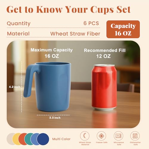 Homienly Wheat Straw Coffee Mugs, Alternative to Plastic Coffee Cups, Set of 6, Unbreakable Camping Coffee Mugs, 16 OZ Cups for Tea, Coffee, Milk, Dishwasher and Microwave Safe Kids Mug, Multi - Image 2