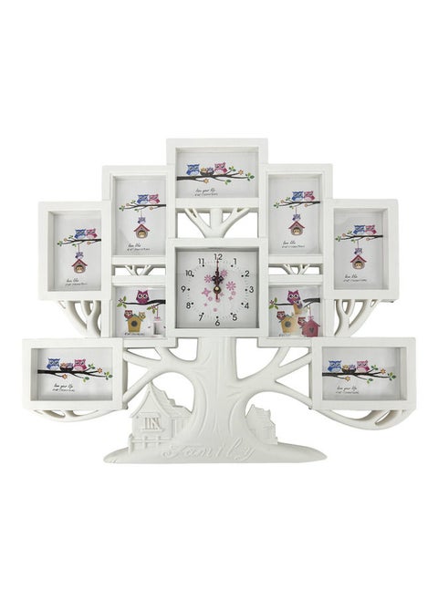 Decorhills Plastic Family & Tree Design Multi Pictures Collage Photo Frame with Time Clock | Wall Mount Display | White Frame | 1-Pc | Elegant Home & Office Décor | 65 x 57 x 2.51cm