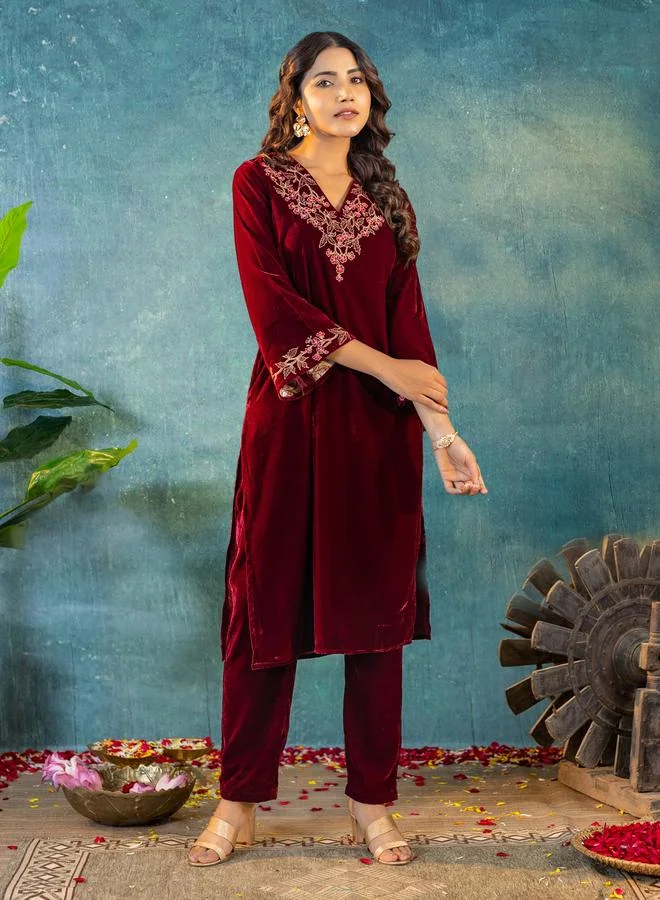 Kasya  Women Velvet Look Embroidered Tunic and Pants Co-Ords for Women | Best Price UAE