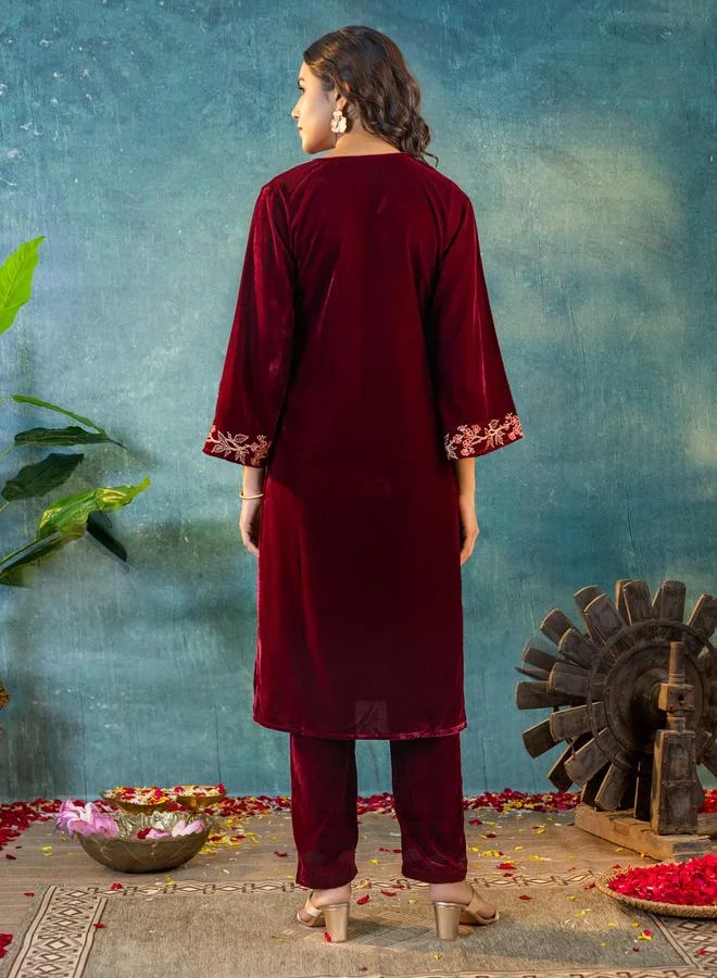 Kasya  Women Velvet Look Embroidered Tunic and Pants Co-Ords for Women | Best Price UAE