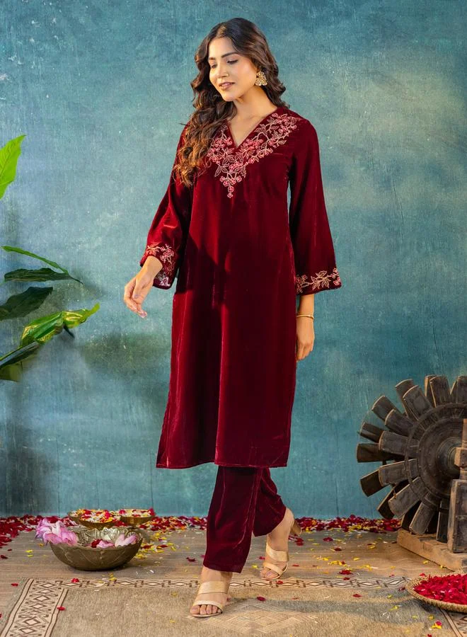 Kasya  Women Velvet Look Embroidered Tunic and Pants Co-Ords for Women | Best Price UAE