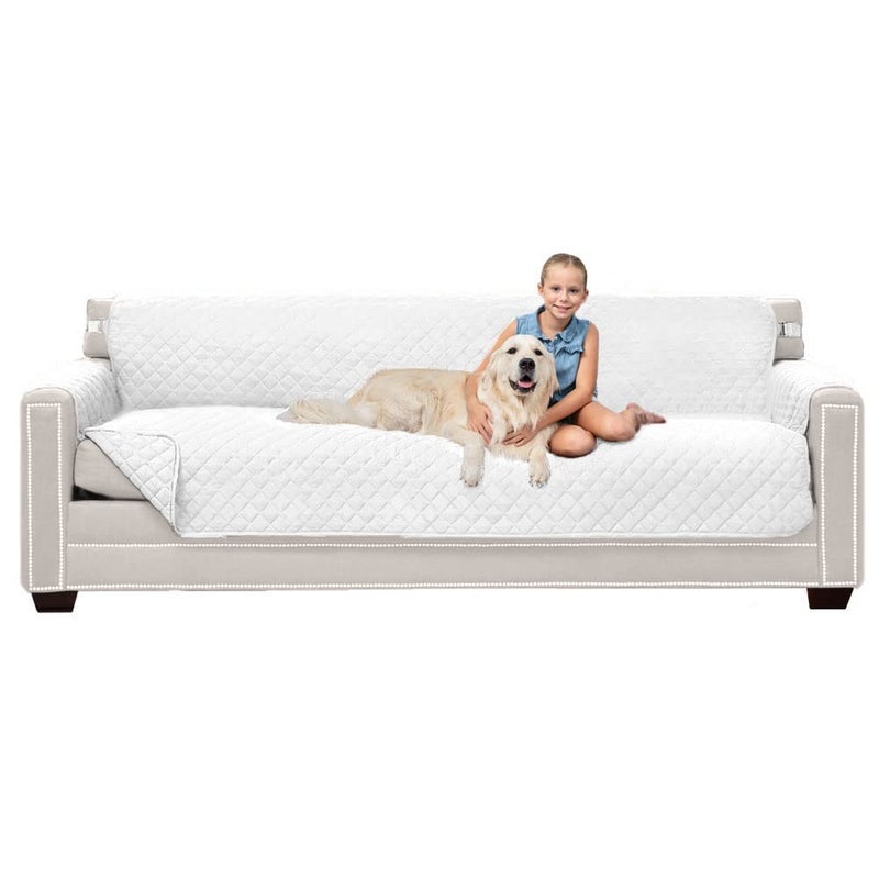 غطاء أريكة سترة واقية مع حزام مسجل براءة اختراع واقي وسادة كبير قابل للعكس مقاوم للبقع وتمزق الكلاب غطاء مخدد من الألياف الدقيقة 88 بوصة قابل للغسل للكلاب والحيوانات الأليفة والأطفال أبيض
