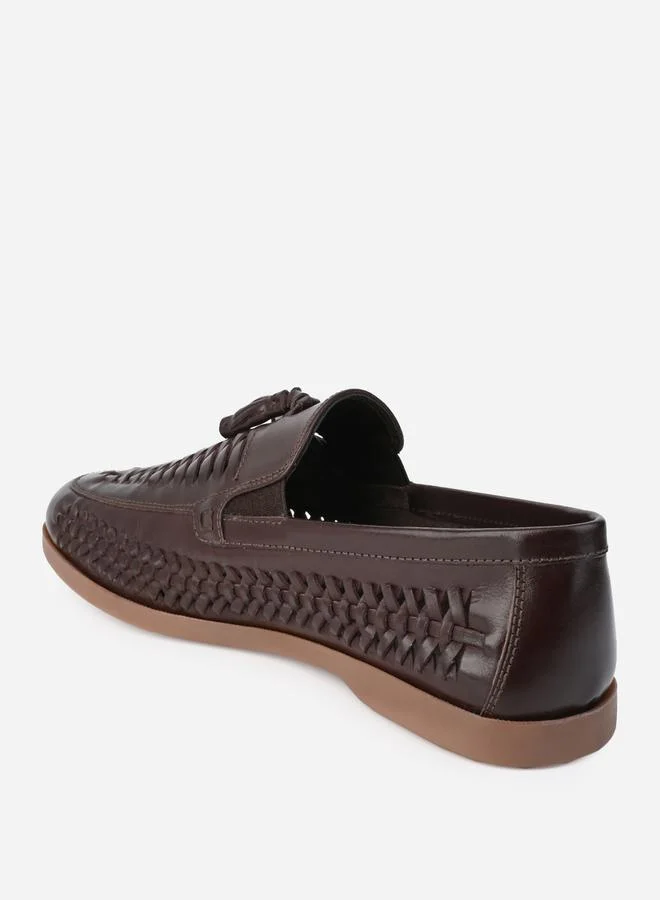 Styli Genuine Leather Handmade Woven Tassel Loafers