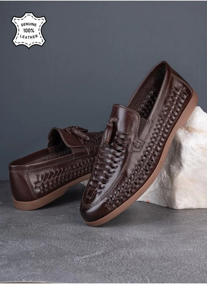 Styli Genuine Leather Handmade Woven Tassel Loafers