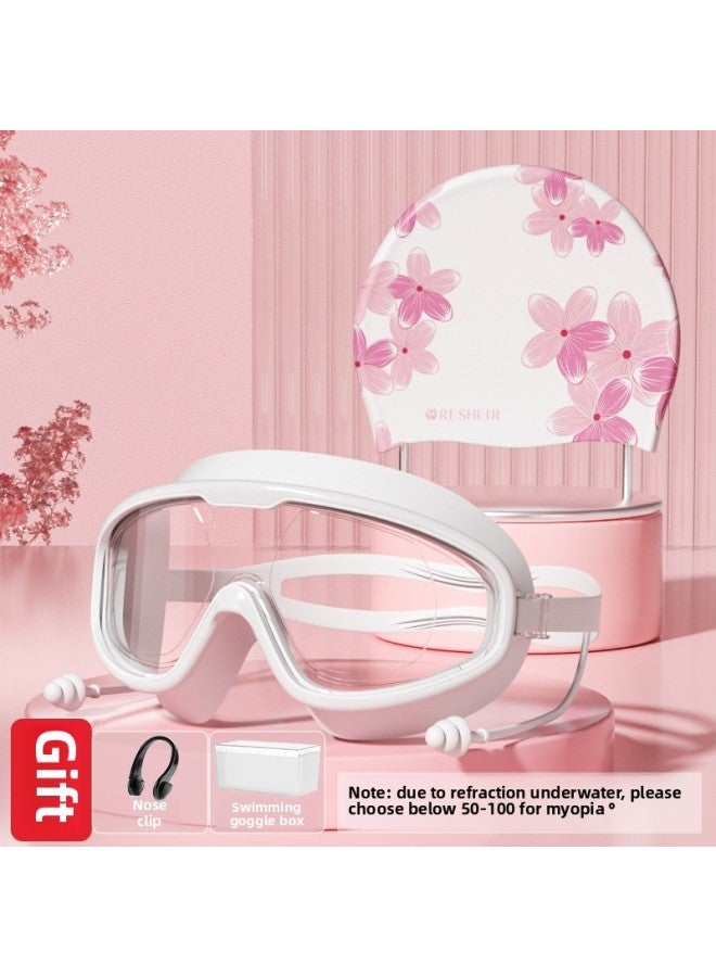 Swimming Goggles Waterproof Anti-Fog High Definition Myopia Depart Male And Female Professional Big Frame Swimming Glasses Goggles Swimming Cap Suit-Color:Transparent White + Cherry Blossom Swimming Cap (optional For Myopia)-700