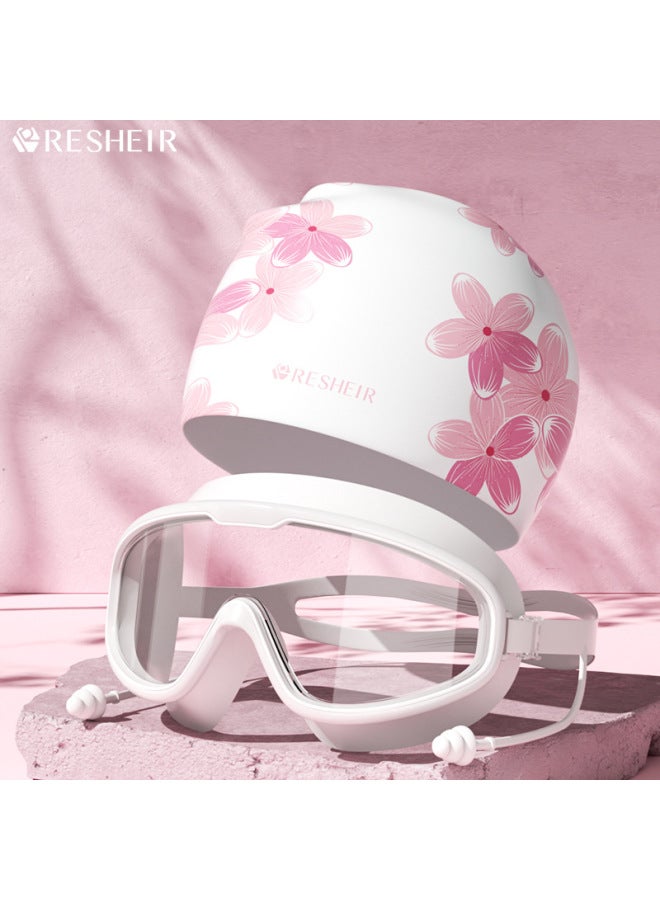 Swimming Goggles Waterproof Anti-Fog High Definition Myopia Depart Male And Female Professional Big Frame Swimming Glasses Goggles Swimming Cap Suit-Color:Transparent White + Cherry Blossom Swimming Cap (optional For Myopia)-700