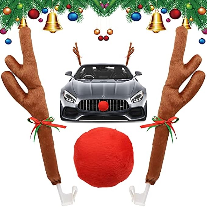 rayihni Christmas Car Deer Reindeer Antlers, Car Reindeer Antlers & Nose Car Costume Kit for Xmas Decoration Festival Gift with Jingle Bells - Image 1