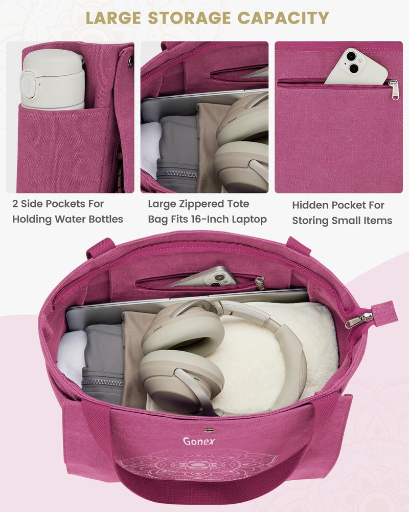 Gonex Yoga Mat Bag, Yoga Gym Bag Tote Bag with Multi Pockets For Women Men, Canvas Yoga Mat Carrier Take in Out Mat Easily For Pilates Travel Workout Office, Rose Red - Image 3