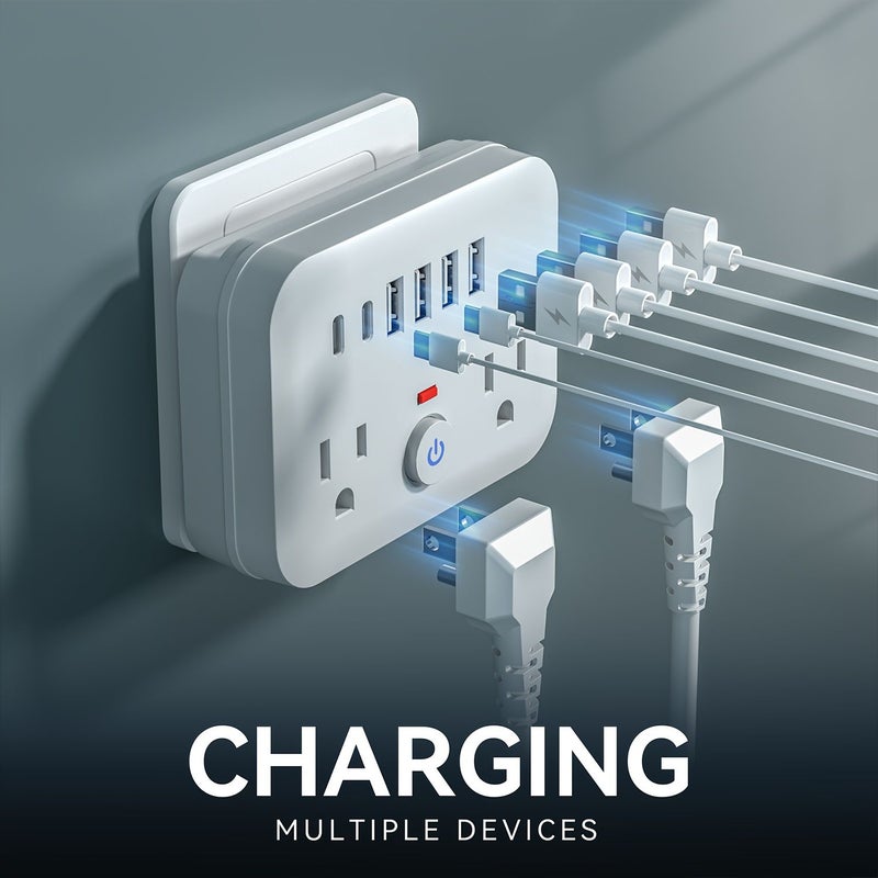 2 قطعة واقي طفرة أبيض مصغر محمول 8 في 1 متعدد الوظائف 2 مقبس 4 منافذ USB 2 منافذ USB-C حماية من الحمل الزائد مفتاح قابس حائط قياسي أمريكي مناسب للمنزل والسفر والمكتب - Image 1