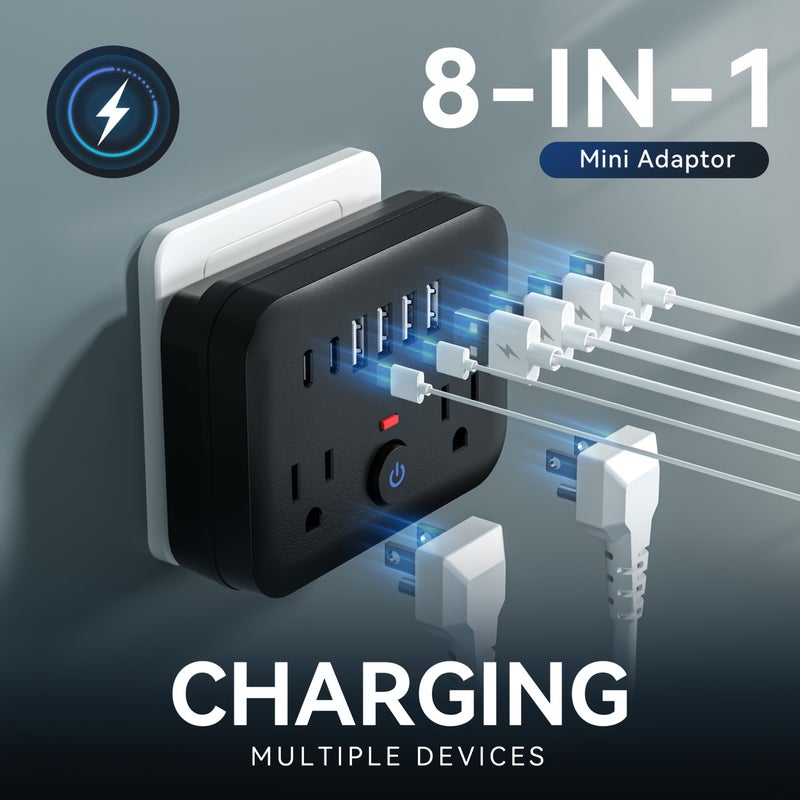 2 قطعة واقي طفرة أبيض مصغر محمول 8 في 1 متعدد الوظائف 2 مقبس 4 منافذ USB 2 منافذ USB-C حماية من الحمل الزائد مفتاح قابس حائط قياسي أمريكي مناسب للمنزل والسفر والمكتب - Image 2