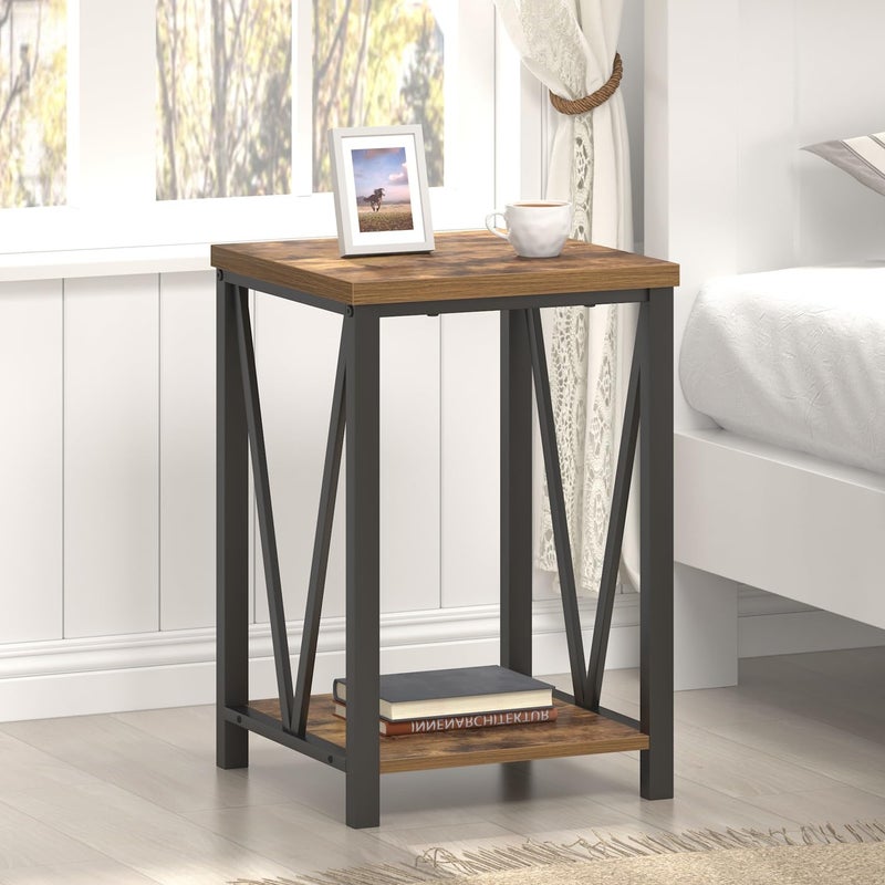 EXCEFUR End Table, Square Side Tables for Living Room, Industrial Metal and Wood Nightstand for Bedroom, Rustic Brown - Image 2