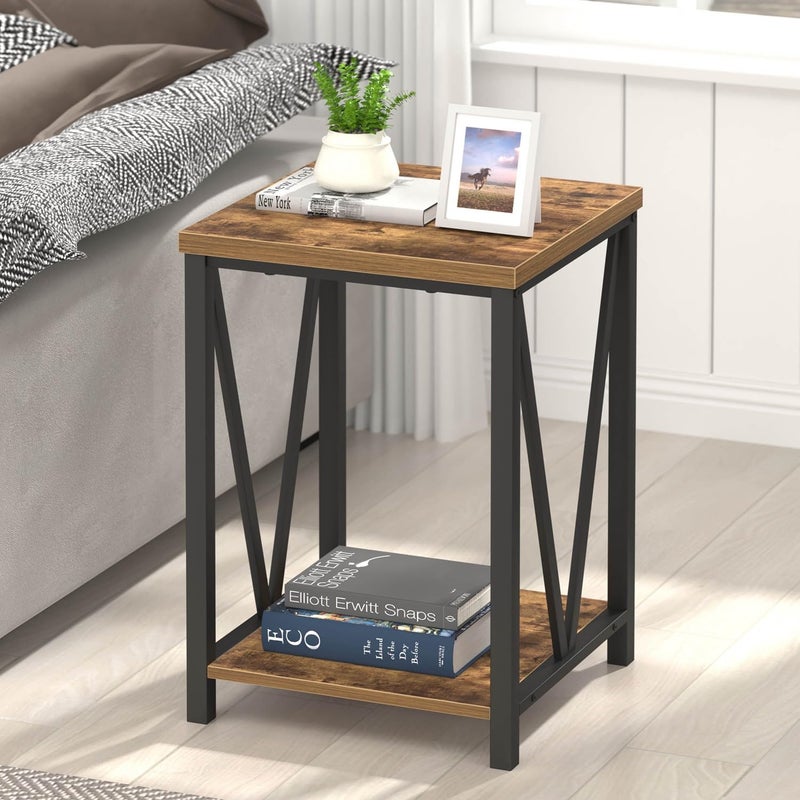 EXCEFUR End Table, Square Side Tables for Living Room, Industrial Metal and Wood Nightstand for Bedroom, Rustic Brown - Image 1