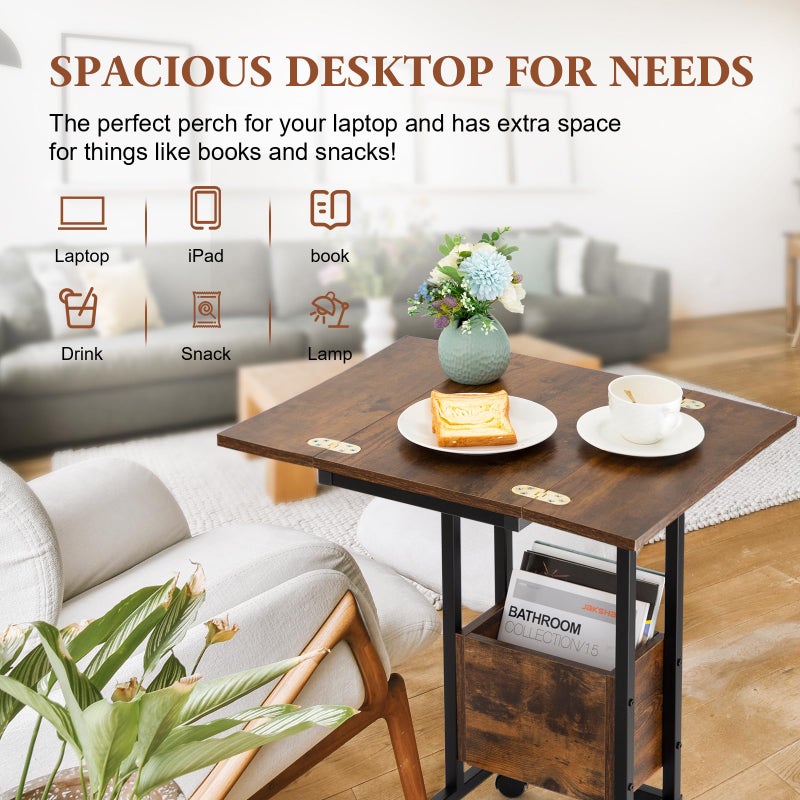 Hadulcet C Shaped End Table with Charging Station & Foldable Tabletop, Folding TV Tray Table with Storage, Laptop Table for Couch, C Table for Sofa, Living Room Bedroom Small Spaces, Rustic Brown - Image 4