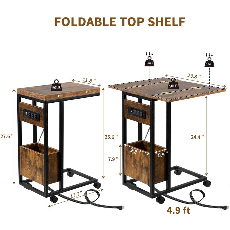 Hadulcet C Shaped End Table with Charging Station & Foldable Tabletop, Folding TV Tray Table with Storage, Laptop Table for Couch, C Table for Sofa, Living Room Bedroom Small Spaces, Rustic Brown - Image 2