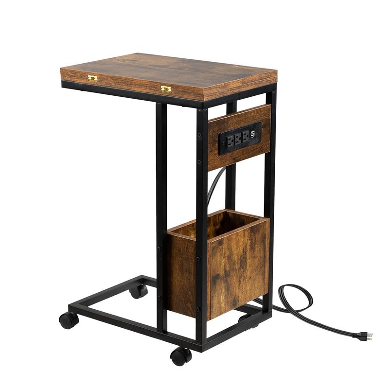 Hadulcet C Shaped End Table with Charging Station & Foldable Tabletop, Folding TV Tray Table with Storage, Laptop Table for Couch, C Table for Sofa, Living Room Bedroom Small Spaces, Rustic Brown - Image 1