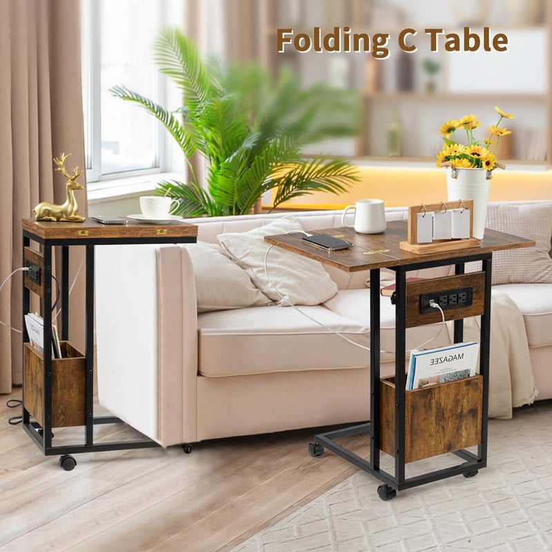 Hadulcet C Shaped End Table with Charging Station & Foldable Tabletop, Folding TV Tray Table with Storage, Laptop Table for Couch, C Table for Sofa, Living Room Bedroom Small Spaces, Rustic Brown - Image 3