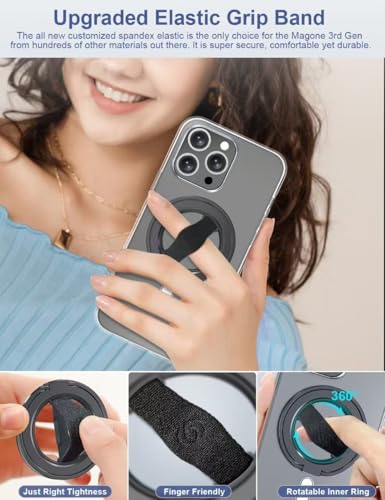 EWA حامل هاتف EWA MagOne الجيل الثالث [متوافق مع MagSafe] مع حزام إصبع، حلقة مغناطيسية قابلة للإزالة، قاعدة قابلة للطي لهواتف iPhone 16، 15، 14، 13، 12 - (أسود) - Image 3