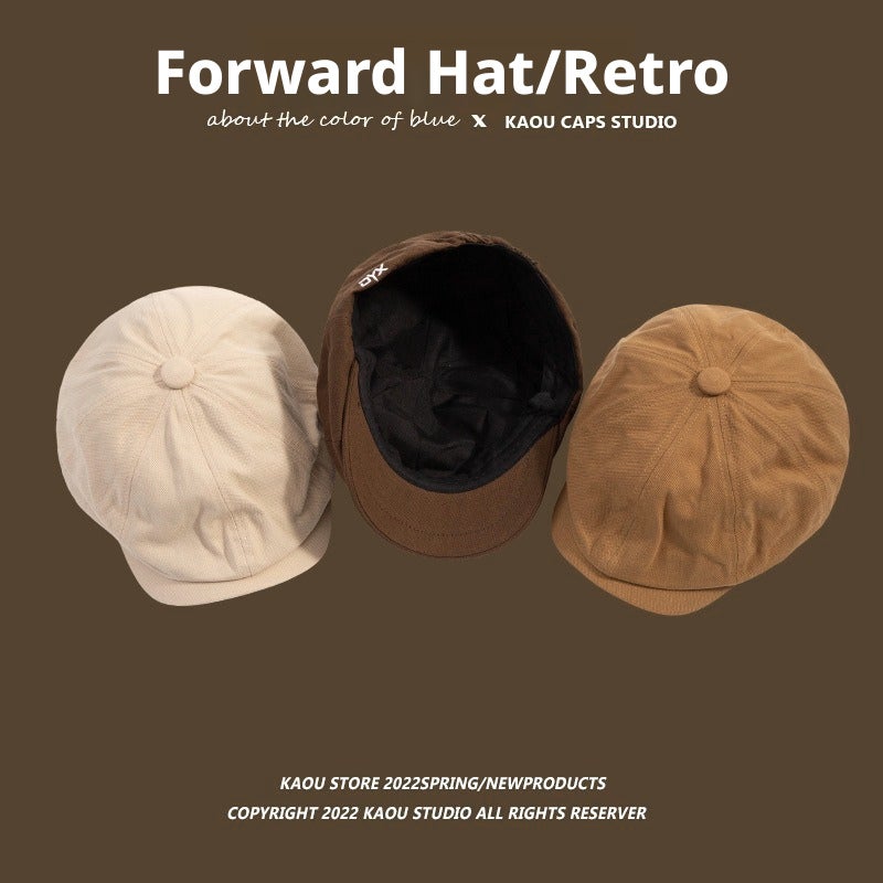 Japanese Retro Newsboy Cap Reversible, Unisex, Khaki Cotton-Polyester - Image 3