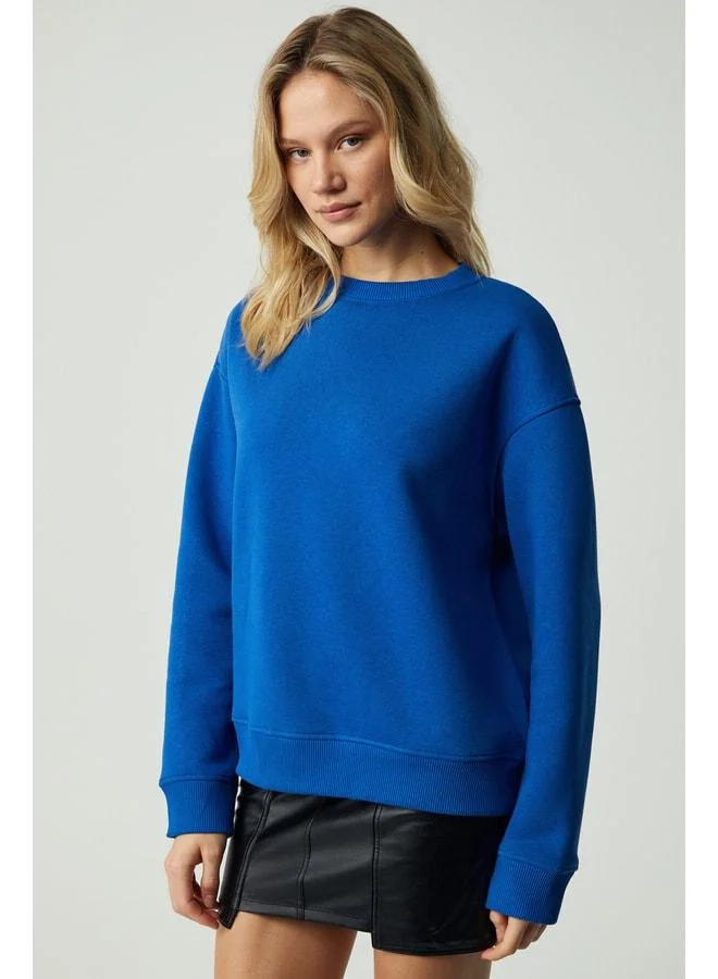 Grimelange VANELTINA Women's Organic Cotton Ultra-Soft Lined Fleece Round Neck Parliament Blue Sweatshirt