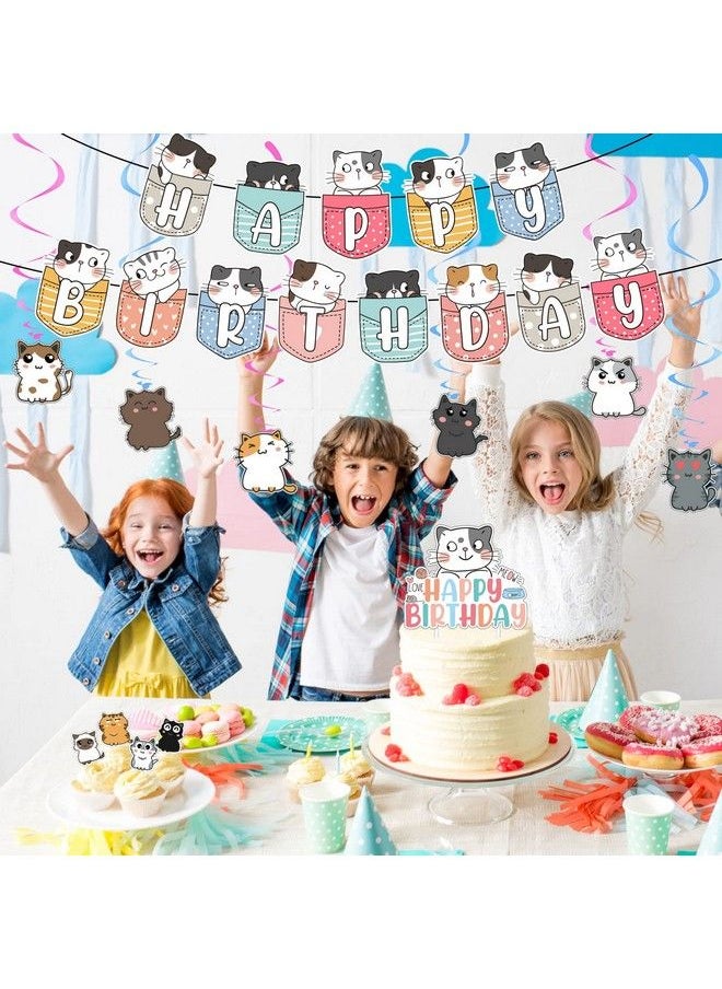 Zhanmai - 106 Pcs Cat Theme Birthday Party Decorations Cute Cat Birthday Party Supplies For Kids Girls Include Cat Happy Birthday Banner, Hanging Swirls, Cake Topper, Cupcake Toppers, Balloons And Stickers - Image 1