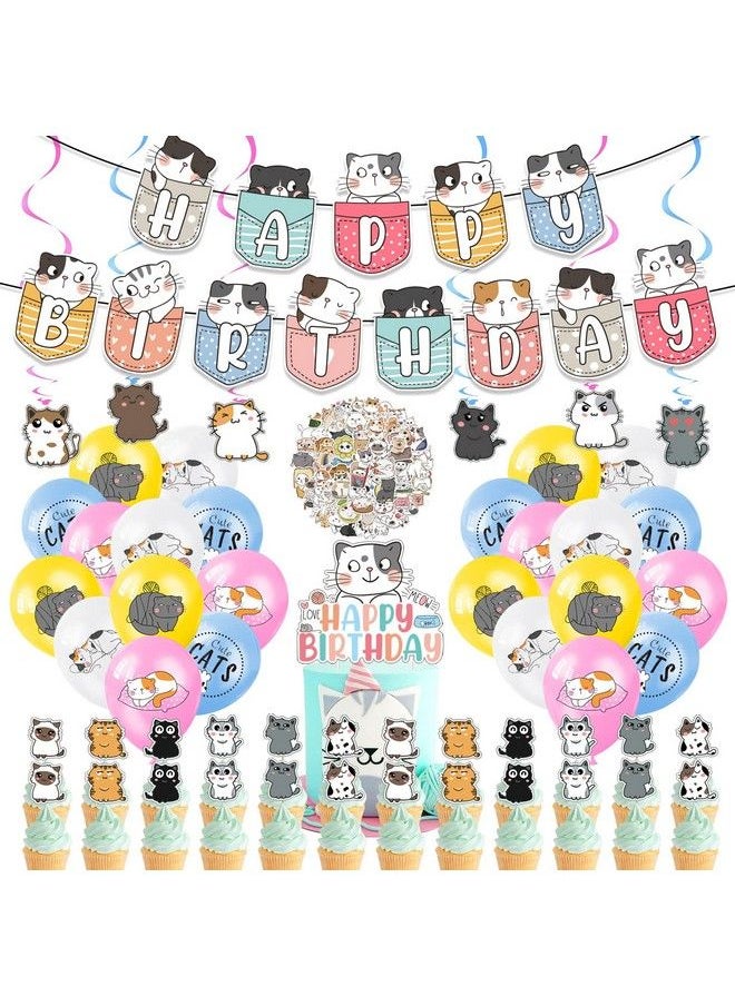 Zhanmai - 106 Pcs Cat Theme Birthday Party Decorations Cute Cat Birthday Party Supplies For Kids Girls Include Cat Happy Birthday Banner, Hanging Swirls, Cake Topper, Cupcake Toppers, Balloons And Stickers - Image 1