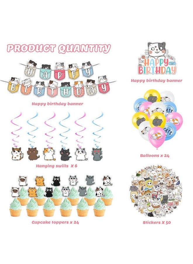 Zhanmai - 106 Pcs Cat Theme Birthday Party Decorations Cute Cat Birthday Party Supplies For Kids Girls Include Cat Happy Birthday Banner, Hanging Swirls, Cake Topper, Cupcake Toppers, Balloons And Stickers - Image 1