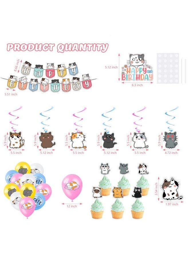 Zhanmai - 106 Pcs Cat Theme Birthday Party Decorations Cute Cat Birthday Party Supplies For Kids Girls Include Cat Happy Birthday Banner, Hanging Swirls, Cake Topper, Cupcake Toppers, Balloons And Stickers - Image 1