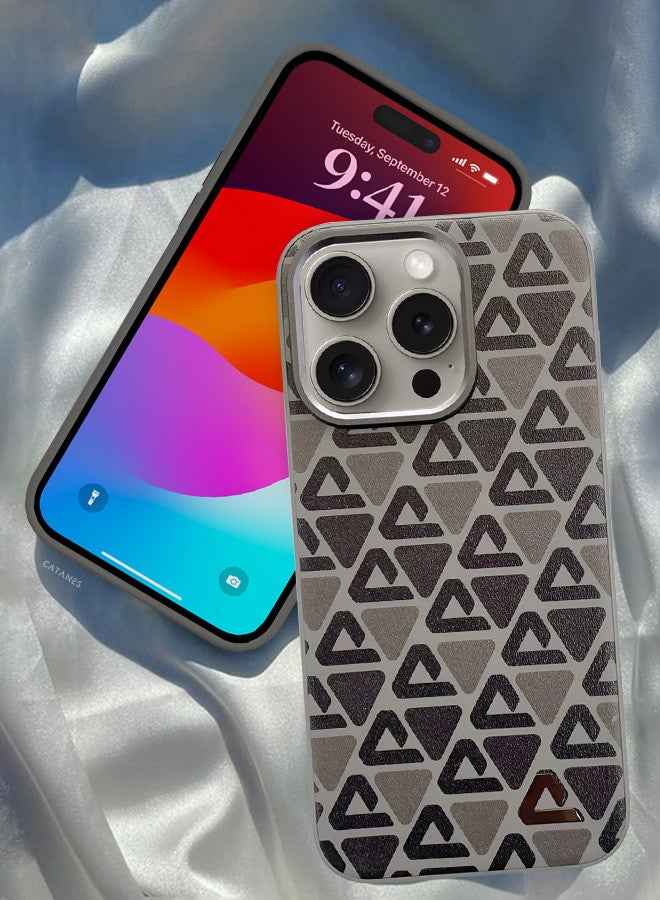 CATANES (for iPhone 15 Pro) Case Leather Back Cover Triangle Pattern Shockproof Protective Phone Case Brown - Image 1