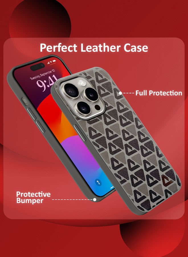 CATANES (for iPhone 15 Pro) Case Leather Back Cover Triangle Pattern Shockproof Protective Phone Case Brown - Image 2