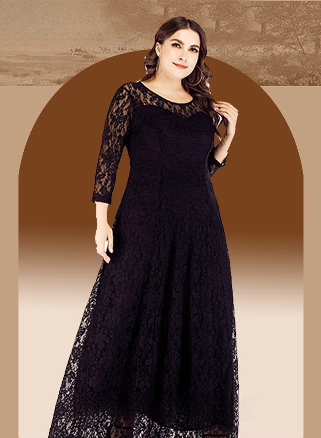 Women's Plus Size Lace Dress for Wedding Party Dating Solid Color Midi Long Loose Dress Transparent three quarter Sleeve Boat Neck Large Hem Elegant Evening Dresses Black - Image 5