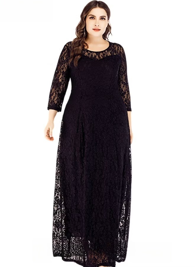 Women's Plus Size Lace Dress for Wedding Party Dating Solid Color Midi Long Loose Dress Transparent three quarter Sleeve Boat Neck Large Hem Elegant Evening Dresses Black - Image 1