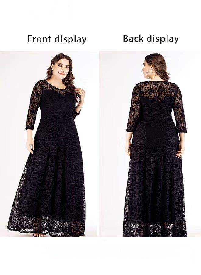 Women's Plus Size Lace Dress for Wedding Party Dating Solid Color Midi Long Loose Dress Transparent three quarter Sleeve Boat Neck Large Hem Elegant Evening Dresses Black - Image 4