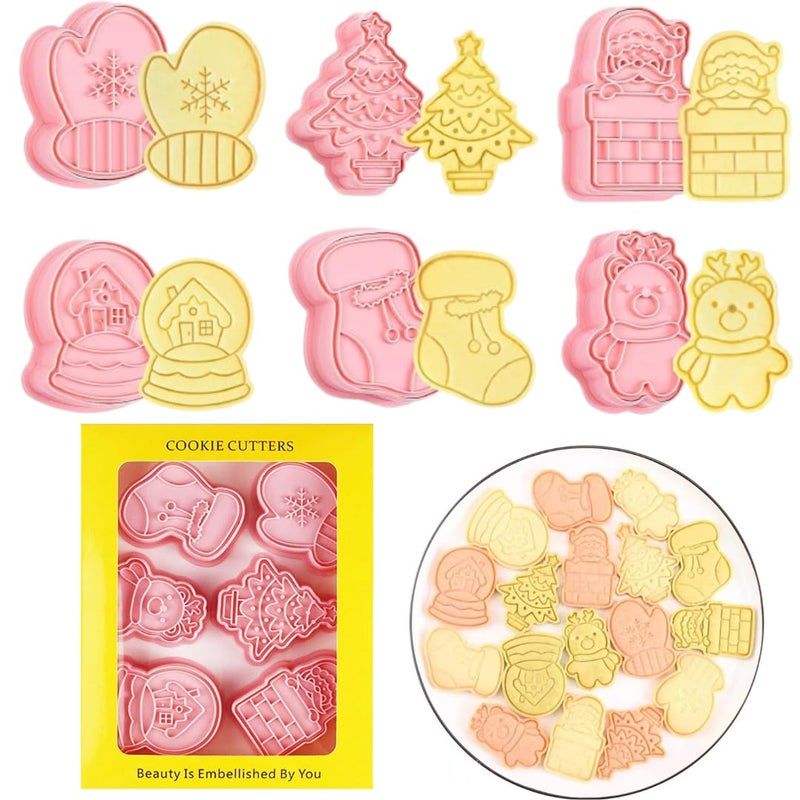 LEGACYCART LEGACYCART 6PCS Christmas Cookie Cutter Set with Plunger Stamps Includes Santa Claus Reindeer Tree Glove Snow Globe and Sock Designs for DIY Cookie BakingPack of 1 - Image 1