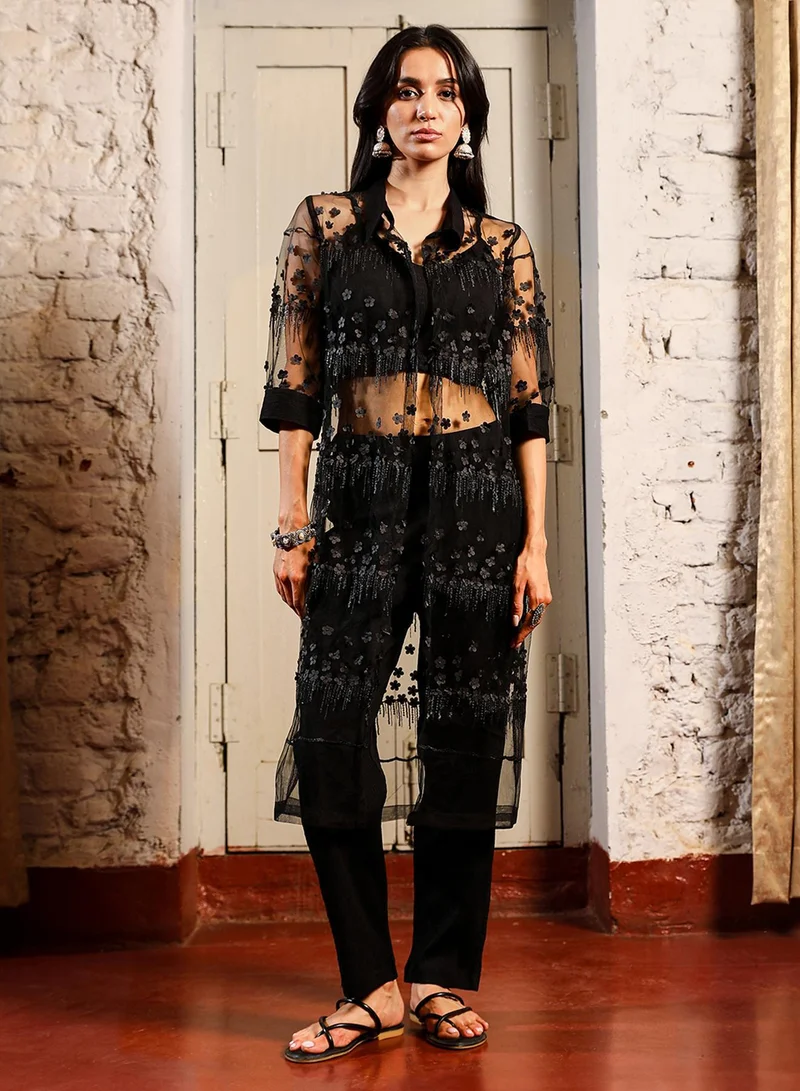 QISSA Qissa Women's Midnight Black Applique Flora Co-Ord Set For Casual Wear | V-Neck | Quarter Sleeve | 3 Piece Co-Ords Designed With Comfort Fit For Everyday Ethnic Wear