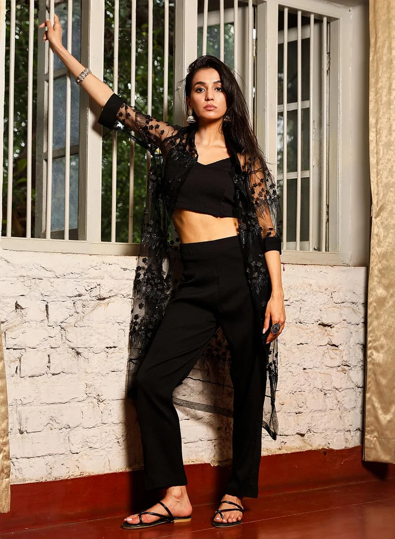 QISSA Qissa Women's Midnight Black Applique Flora Co-Ord Set For Casual Wear | V-Neck | Quarter Sleeve | 3 Piece Co-Ords Designed With Comfort Fit For Everyday Ethnic Wear