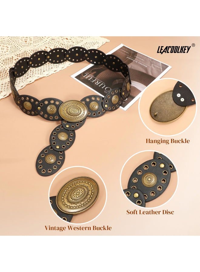 LEACOOLKEY Hollow Disc Belt Western Leather Belt Boho Concho Belt Vintage Waist Belt for Women - Image 5